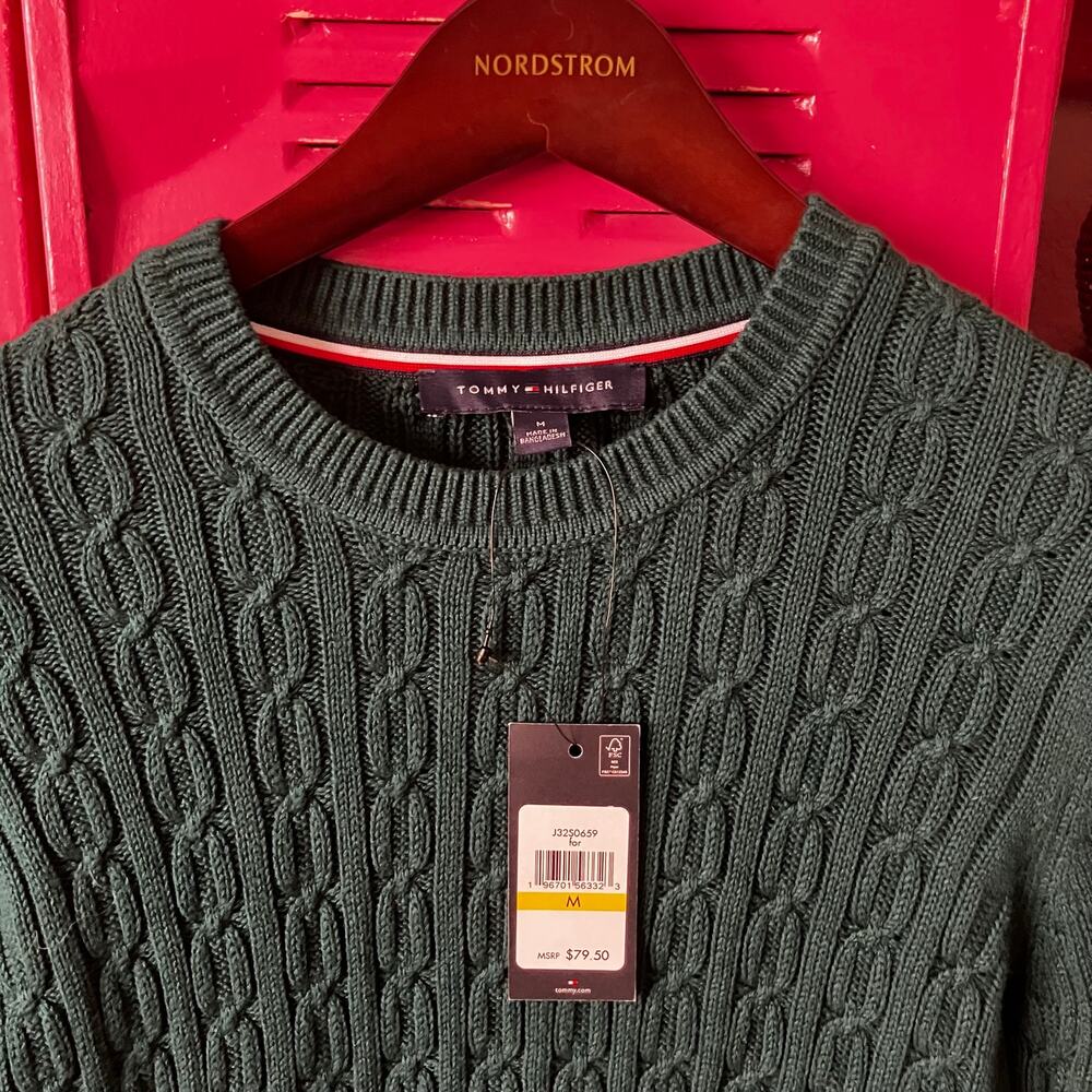 Tommy Hilfiger Medium Green Cable Knit Crewneck Sweater NWT 100% Cotton Preppy - Picture 3 of 13